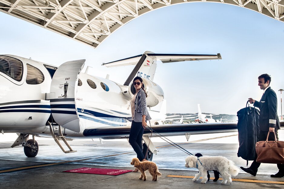 Dame mit Hunden steigt in Privatjet | © Stefano Oppo/Globe Air