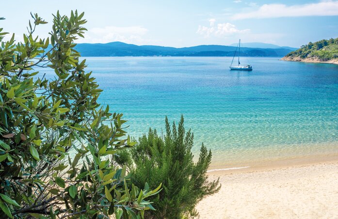 Agia Eleni Strand mit Blick auf Boot im Meer auf Skiathos | © Springer Reisen